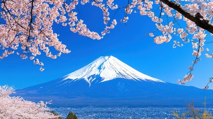 Fuji mountain with cherry blossoms in a vibrant blue sky.