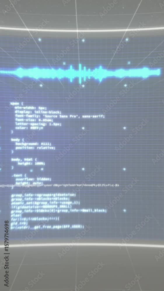 Poster animation of computer data processing over screen on dark background