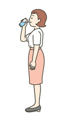 水を飲む若い女性の全身イラスト
