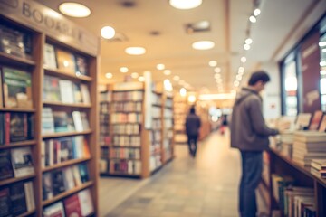 Cozy Bookstore Interior with Blurred Shelves and People Browsing at Shelves