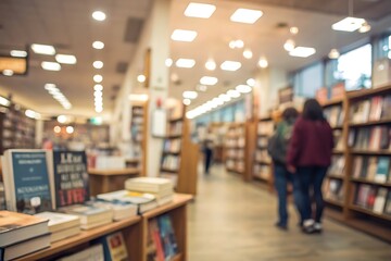 Blurry Perspective of Modern Bookstore with Shelves and Customers Engaging in Reading