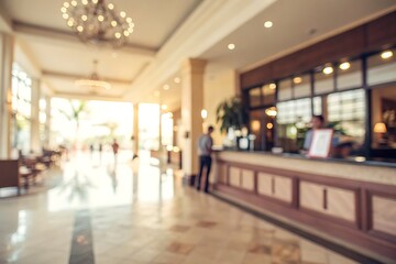 Blurred View of Modern Hotel Lobby with Reception Area and Guests in the Background