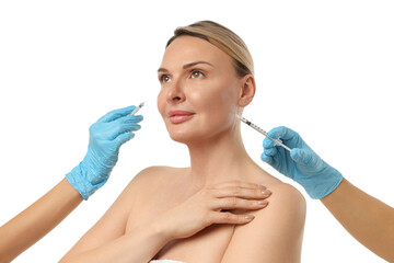 Woman undergoing skin enhancement with injections, isolated on white, PNG