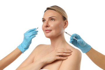 Woman undergoing skin enhancement with injections, isolated on white, PNG