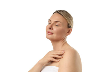 Serene woman cherishing a peaceful moment, isolated on white, PNG