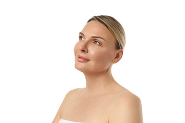 Woman gazes serenely in bright light, isolated on white, PNG