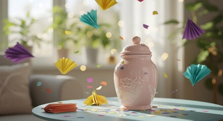 Pink Cup with Scattered Pastel Petals