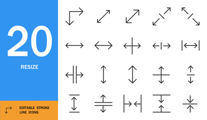 RESIZE icon set. Minimal arrow vector pack. Includes up, down, left, right direction symbols. Thin line monochrome web icons. Editable stroke for UI, apps, design.