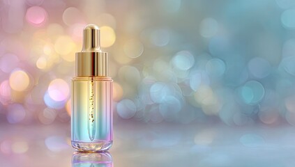 Cosmetic dropper bottle, studio shot, pastel bokeh background.  Possible use product catalog