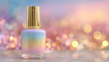 Pastel nail polish bottle, bokeh lights, soft focus. Possible use product photography