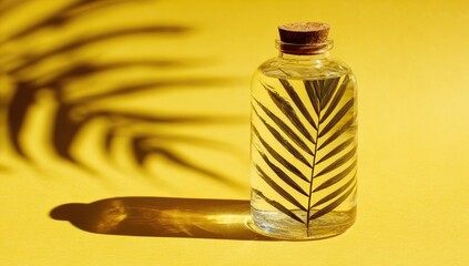 Sunny glass bottle with palm leaf, yellow backdrop.  Possible use product photography
