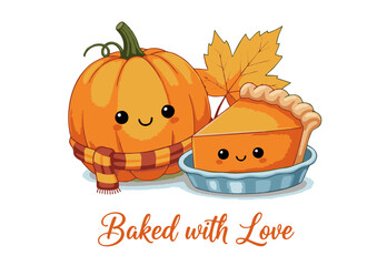 Adorable Cartoon Pumpkin and Pie Slice with Smiling Faces and Autumnal Elements.