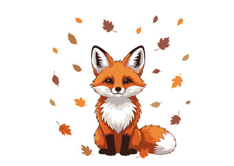 Obraz premium Cartoon Fox Sitting Surrounded by Autumn Leaves Illustration.