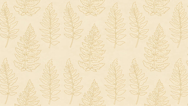 Repeating pattern of delicate golden fern leaf outlines on a light beige background, creating a subtle botanical design.