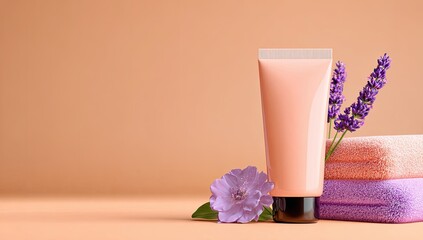 Peach cream tube, lavender, towels, studio.  Cosmetic product presentation