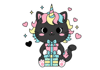 Cute Black Cat Unicorn Holding Gift Box.