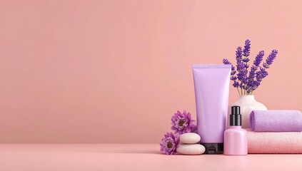 Lavender spa products on pink surface.  Possible use website banner