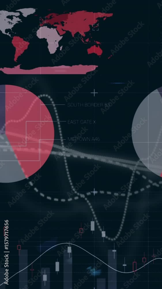 Poster animation of multiple graphs over multicolored infographic interface against black background