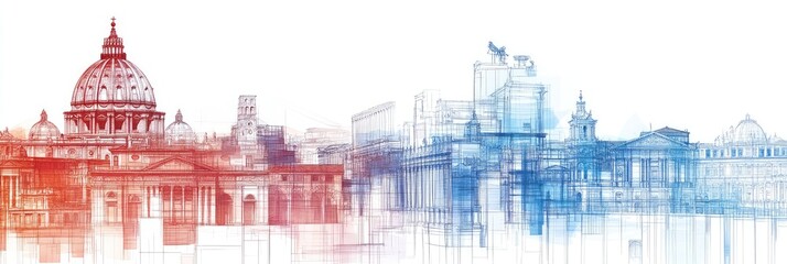 Colorful, stylized cityscape, likely Rome