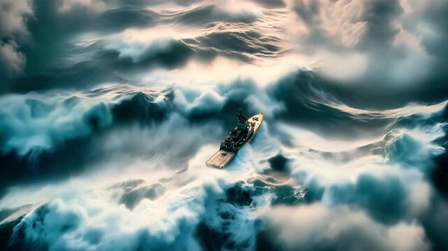 A ship navigating through a stormy sea with large, dramatic waves. Aerial dolly in. 4K.

