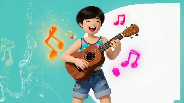 3D cartoon character cheerful boy playing guitar with nots glowing loop motion.ai 