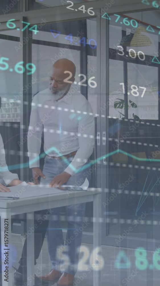 Aufkleber animation of graphs and trading board over diverse architects discussing blueprint