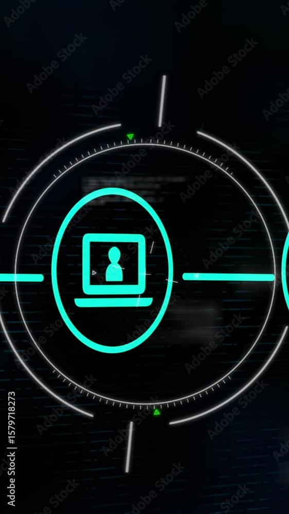 Poster animation of flowchart of icons and circles over computer language against black background
