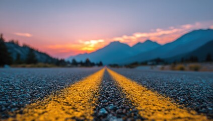Mountain Road Sunset Journey; asphalt. Possible use Travel Poster