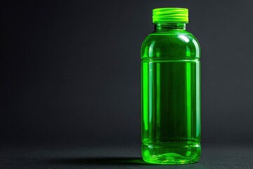 Green plastic bottle with liquid against dark backdrop
