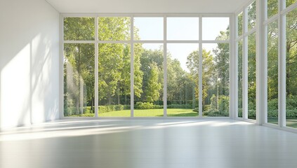 Fototapeta premium Empty room with large windows overlooking a verdant garden (1)