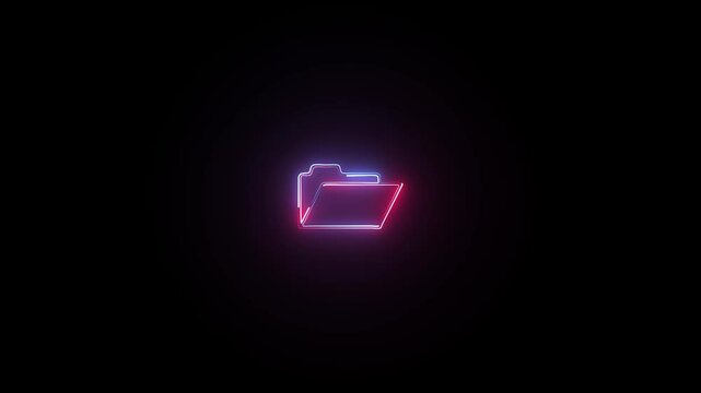 Neon glowing green folder file box animation icon on black background or neon file manager icon.Glowing blue neon file folder sign. neon file icon on black background.4k video