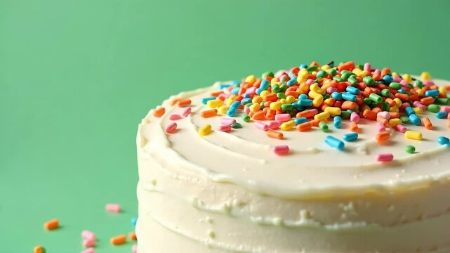 Delicious cake with colorful sprinkles against a vibrant green backdrop showcases frosting and desserts