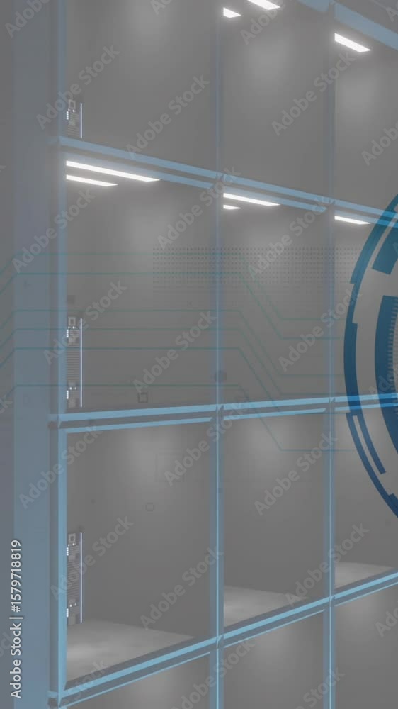Poster animation of fingerprint icon in circle over moving data server systems in room