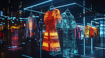 A sustainable fashion brand that uses NFTs for digital ownership certificates, with holographic clothing displays and a virtual shopping 