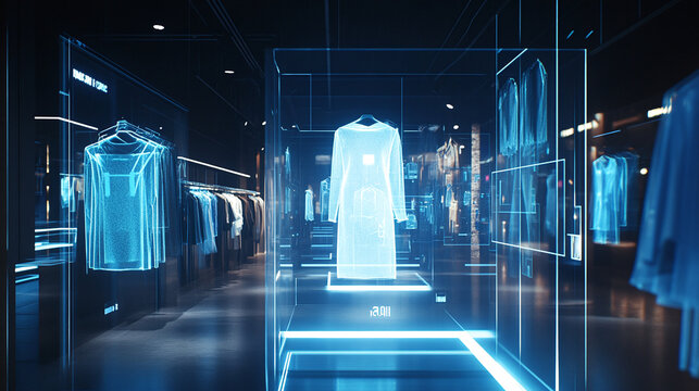 A sustainable fashion brand that uses NFTs for digital ownership certificates, with holographic clothing displays and a virtual shopping 