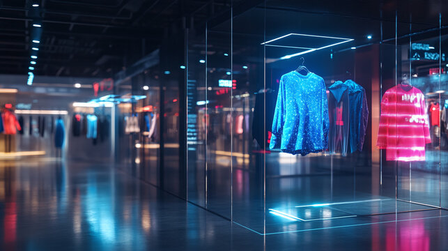 A sustainable fashion brand that uses NFTs for digital ownership certificates, with holographic clothing displays and a virtual shopping 