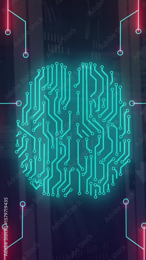 Poster animation of circuit board pattern brain over data server systems in server room