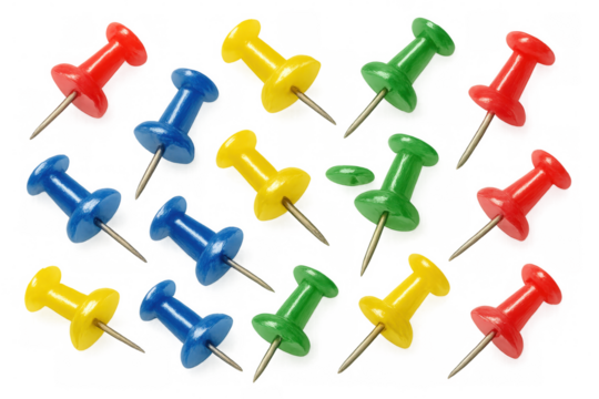 Scattered colorful pushpins on a transparent background, ready to be incorporated into various designs
