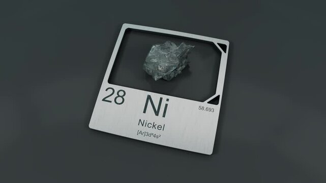 Nickel mineral in stylish frame with periodic table data, raw metal sample 