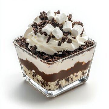 whipped cream dessert served in a square glass plate, with whipped cream layered with crushed oreos,