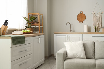 Interior of light kitchen with counters, shelf unit and sofa