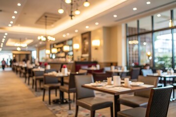Elegant modern restaurant interior with blurred background and spacious dining area
