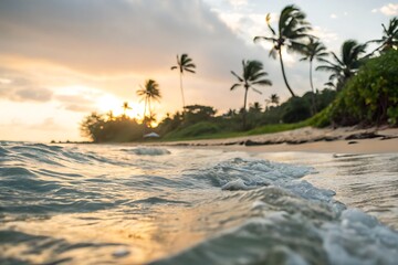 Fototapeta premium Serene Tropical Beach at Sunset with Gentle Waves and Lush Palm Trees in Background