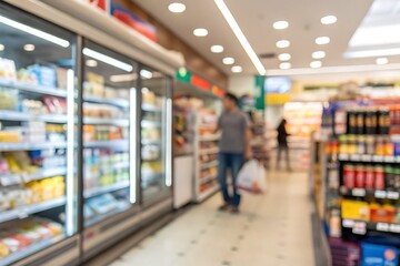 Obraz premium Blurred View of Grocery Store Aisle with Refrigerated Shelves and Shoppers in Background