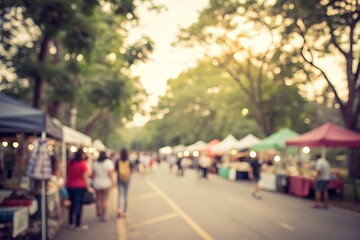 Vibrant Outdoor Market Scene with Stalls and Visitors Surrounded by Greenery and Trees