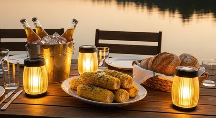 Outdoor Dinner Table with Corn on the Cob Bread and Drinks During Sunset