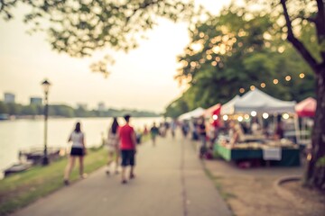 Obraz premium Blurry View of People Walking Along Riverbank with Market Stalls at Sunset