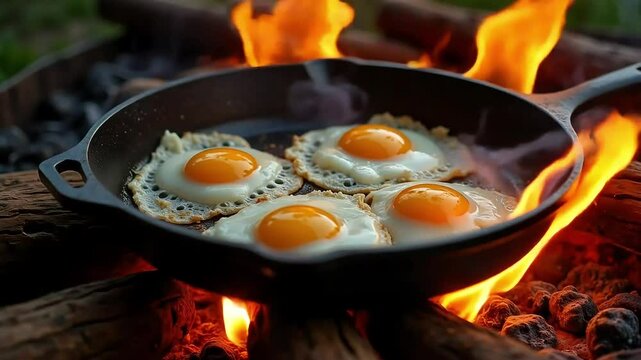 Cooking sunny-side-up eggs in a cast iron skillet over an open campfire, showing breakfast outdoors.