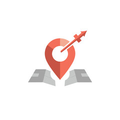 Flat icon of a map pin with upward arrow on folded map, navigation and growth symbol for travel, logistics or business strategy design