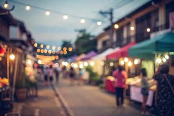 Obraz premium Vibrant Night Market Scene with Colorful Stalls and Warm Ambient Lighting